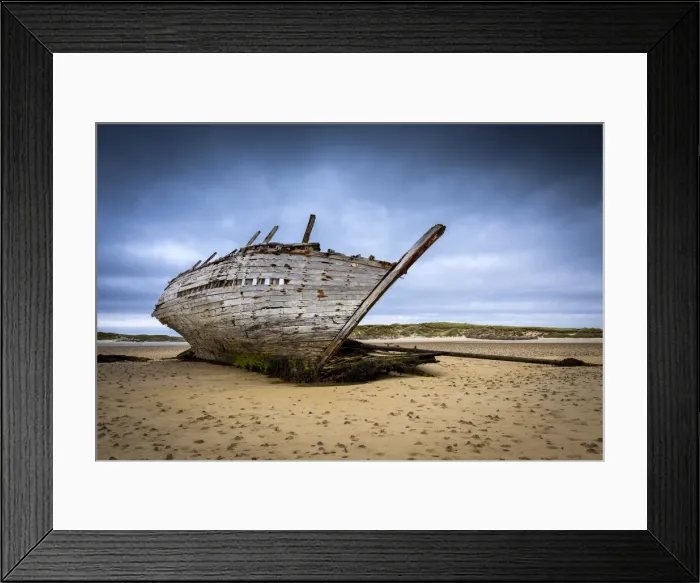 Framed Print : Shipwreck at low tide on Magheraclogher beach. An Bun Beag, Bunbeg, County Donegal Framed Print : Shipwreck at low tide on Magheraclogher beach. An Bun Beag, Bunbeg, County Donegal