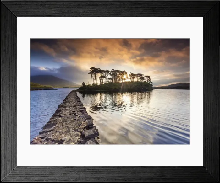 Framed Print : View of Pine Island on the Derryclare Lough lake at sunrise