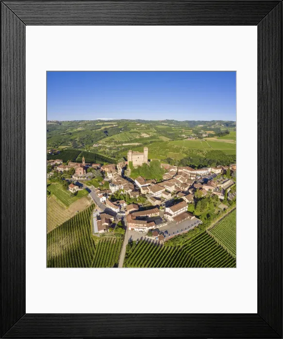 Framed Print : Aerial view of the medieval town of Serralunga d Alba and its castle Framed Print : Aerial view of the medieval town of Serralunga d Alba and its castle