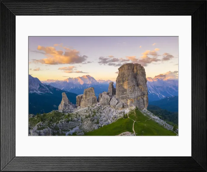 Framed Print : Aerial view of the Cinque Torri natural Park at sunset. Cortina d Ampezzo Framed Print : Aerial view of the Cinque Torri natural Park at sunset. Cortina d Ampezzo