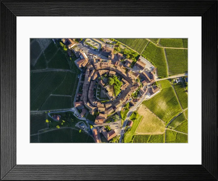 Framed Print : Birds eye view of the medieval town of Serralunga d Alba and its castle Framed Print : Birds eye view of the medieval town of Serralunga d Alba and its castle