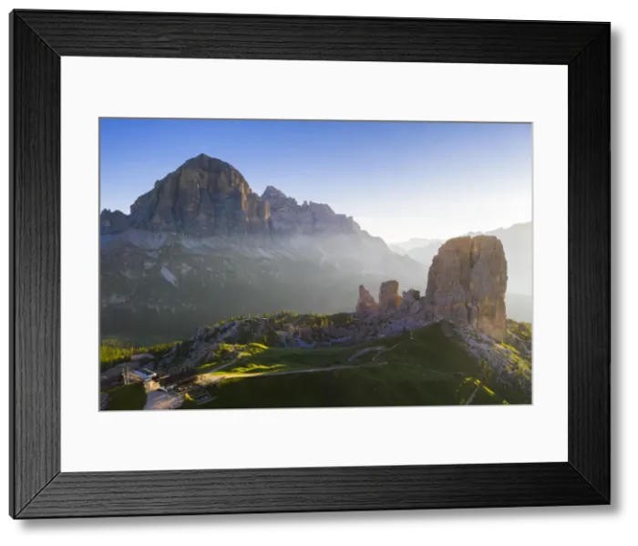 Framed Print : Aerial view of the Cinque Torri natural Park and Tofana di Rozes at sunrise Framed Print : Aerial view of the Cinque Torri natural Park and Tofana di Rozes at sunrise