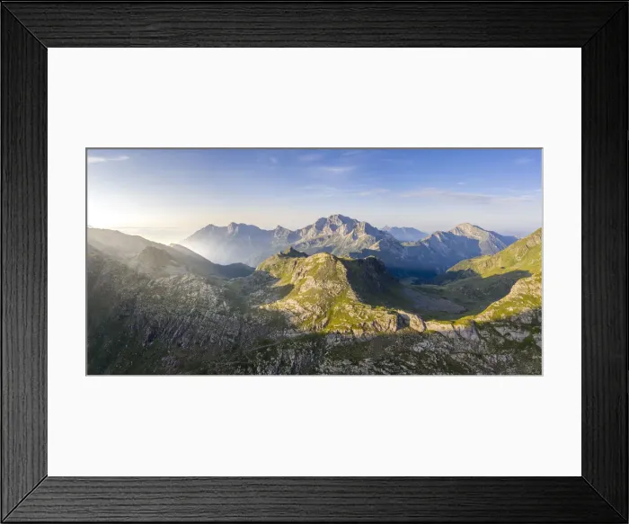Framed Print : Laghi Gemelli pass, with the two valleys of Valsecca torrent Framed Print : Laghi Gemelli pass, with the two valleys of Valsecca torrent