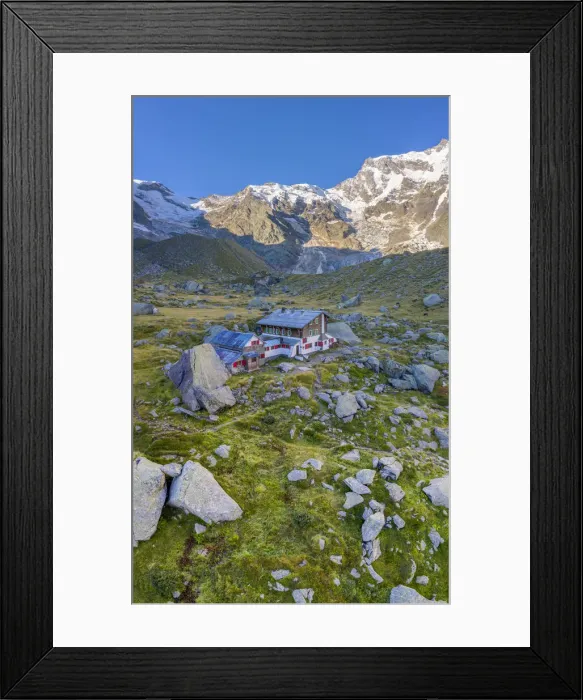 Framed Print : Aerial view of the Zamboni Zappa refuge and the east face of Monte Rosa massif