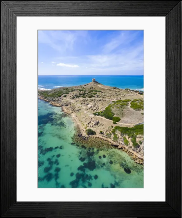 Framed Print : Aerial view of the ruins fo the ancient Phoenician city of Tharros, Capo San Marco