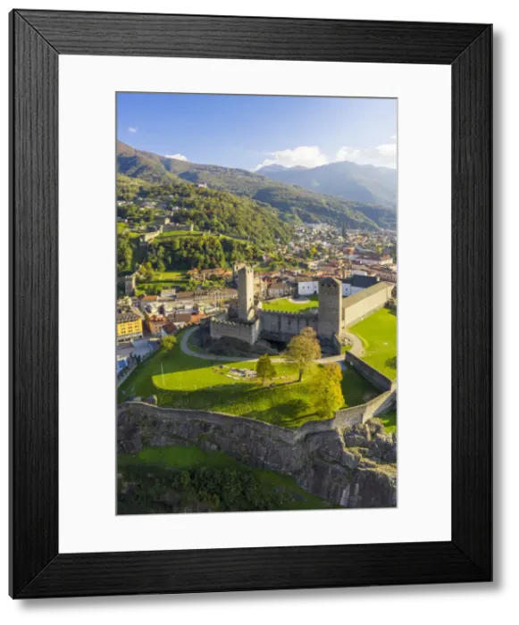 Framed Print : Aerial view of the medieval Bellinzona castles, Unesco World Heritage site Framed Print : Aerial view of the medieval Bellinzona castles, Unesco World Heritage site