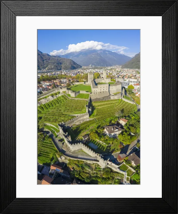 Framed Print : Bellinzona castles, Unesco World Heritage site, in autumn at sunset Framed Print : Bellinzona castles, Unesco World Heritage site, in autumn at sunset