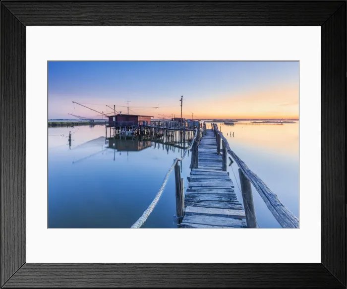 Framed Print : Fishing hut on stilts in the Comacchio lagoon at dawn, Ferrara, Emilia Romagna, Italy Framed Print : Fishing hut on stilts in the Comacchio lagoon at dawn, Ferrara, Emilia Romagna, Italy