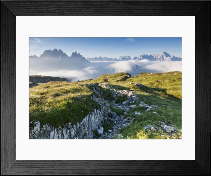 Framed Print : Trench on the Monte Piana, sunrise towards the Cadini di Misurina, Sexten Dolomites Framed Print : Trench on the Monte Piana, sunrise towards the Cadini di Misurina, Sexten Dolomites