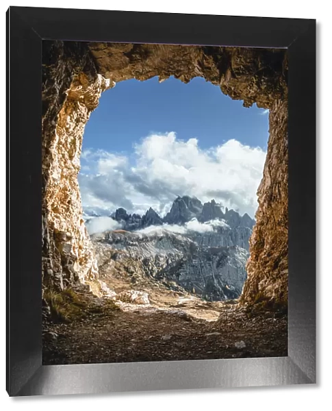 the Cadini di Misurina group seen from a war cave at the foots of the Tre Cime di