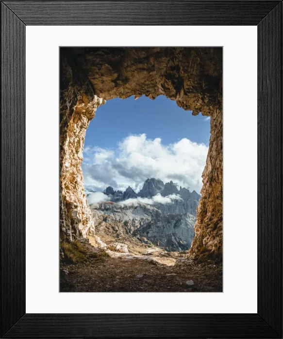 Framed Print : the Cadini di Misurina group seen from a war cave at the foots of the Tre Cime di