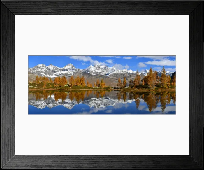 Framed Print : Bellagarda lake in autumn and Gran Paradiso massif (Orco valley Framed Print : Bellagarda lake in autumn and Gran Paradiso massif (Orco valley