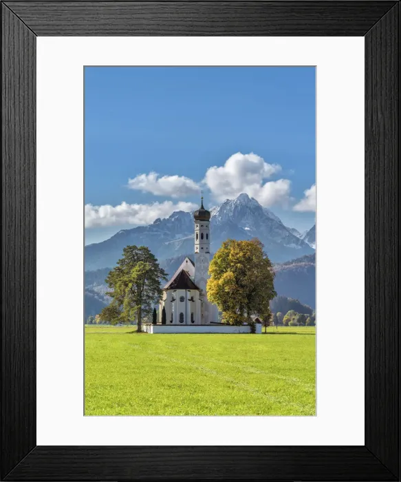 Framed Print : Schwangau, Swabia, Bavaria, Germany. The pilgrimage church of Saint Coloman. In the background the Gehrenspitze in the Tannheim mountains Framed Print : Schwangau, Swabia, Bavaria, Germany. The pilgrimage church of Saint Coloman. In the background the Gehrenspitze in the Tannheim mountains