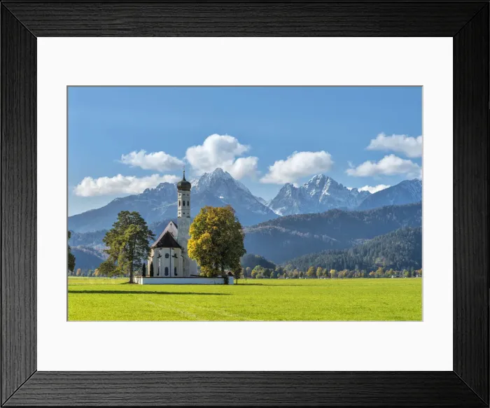Framed Print : Schwangau, Swabia, Bavaria, Germany. The pilgrimage church of Saint Coloman. In the background the Gehrenspitze in the Tannheim mountains Framed Print : Schwangau, Swabia, Bavaria, Germany. The pilgrimage church of Saint Coloman. In the background the Gehrenspitze in the Tannheim mountains