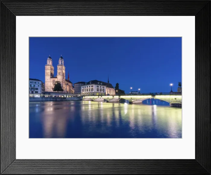 Framed Print : Limmatquai, Grossmunster Cathedral and Munsterbrucke bridge at dusk, Zurich, Switzerland Framed Print : Limmatquai, Grossmunster Cathedral and Munsterbrucke bridge at dusk, Zurich, Switzerland