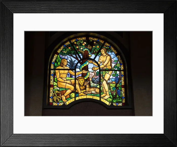 Framed Print : Representations of Adam and Eve on stained glass windows inside Holy Trinity Cathedral Framed Print : Representations of Adam and Eve on stained glass windows inside Holy Trinity Cathedral