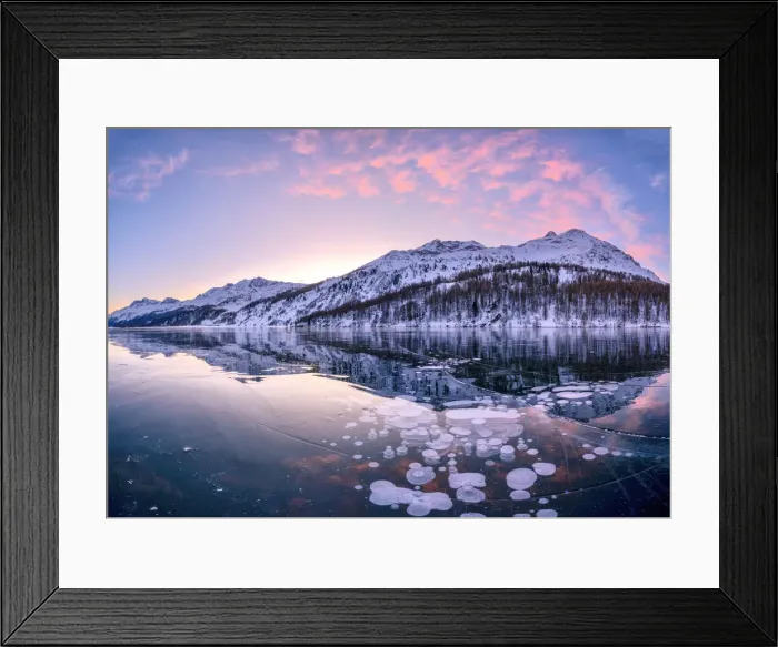 Framed Print : Sunrise on ice bubbles trapped in Lake Sils with Piz Da La Margna in background Framed Print : Sunrise on ice bubbles trapped in Lake Sils with Piz Da La Margna in background