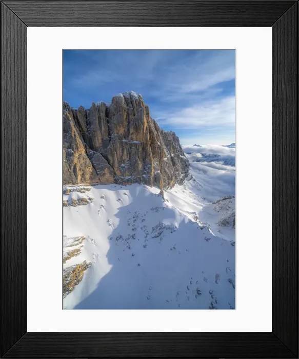Framed Print : Winter aerial view of south face of Marmolada and Colle Ombretta, Dolomites Framed Print : Winter aerial view of south face of Marmolada and Colle Ombretta, Dolomites