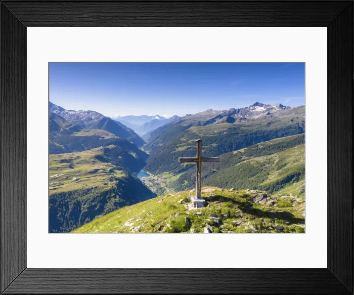 Framed Print : Cross on top of Mount Cardine overlooking Campodolcino, Isola and Andossi villages Framed Print : Cross on top of Mount Cardine overlooking Campodolcino, Isola and Andossi villages