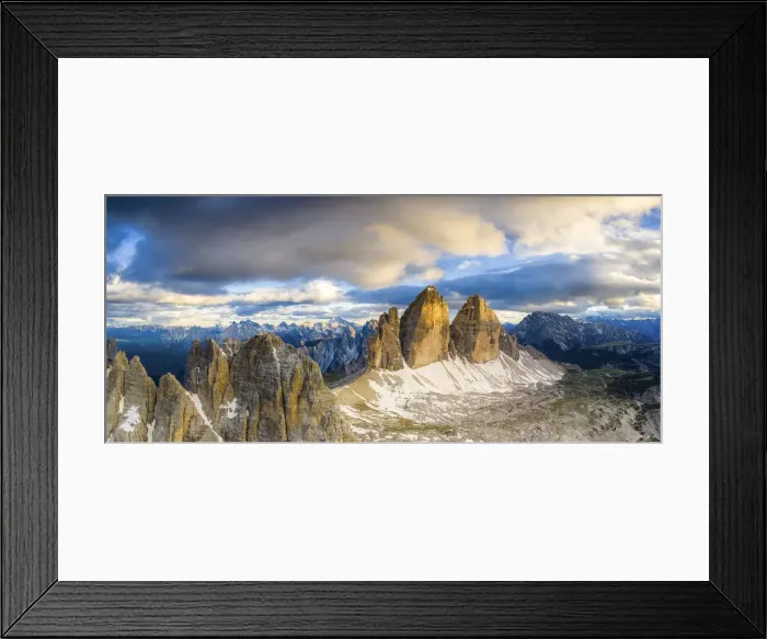 Framed Print : Aerial view of majestic peaks of Tre Cime di Lavaredo and Monte Paterno at sunset Framed Print : Aerial view of majestic peaks of Tre Cime di Lavaredo and Monte Paterno at sunset