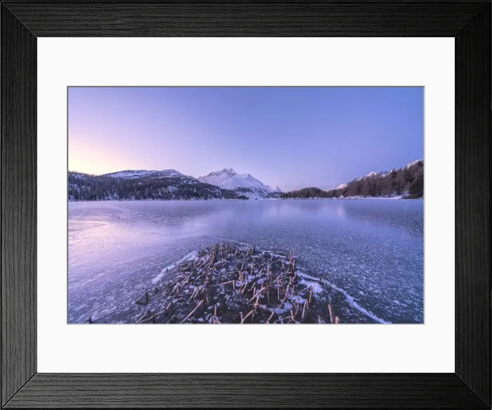 Framed Print : Winter sunrise over the snow capped Piz Da La Margna and frozen Lake Sils, Graubunden Framed Print : Winter sunrise over the snow capped Piz Da La Margna and frozen Lake Sils, Graubunden