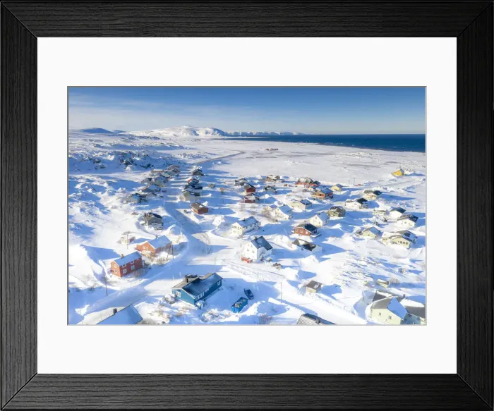 Framed Print : Snow covering the fishing village of Berlevag by the arctic sea, aerial view Framed Print : Snow covering the fishing village of Berlevag by the arctic sea, aerial view