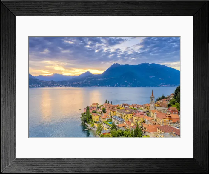Framed Print : Burning sky at sunset over Varenna old town and Lake Como, Lecco province, Lombardy