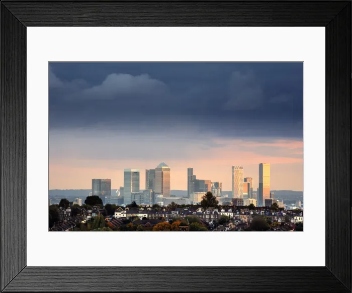 Framed Print : Europe, UK, England, London, docklands, skyline view of downtown London showing suburban Framed Print : Europe, UK, England, London, docklands, skyline view of downtown London showing suburban