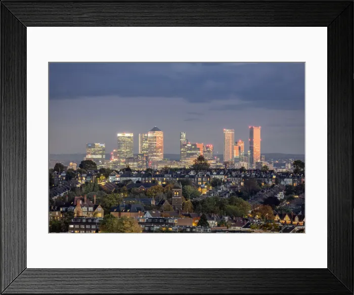 Framed Print : Europe, UK, England, London, docklands, skyline view of downtown London showing suburban