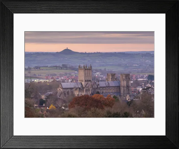 Framed Print : Wells Cathedral and Glastonbury Tor at dawn, Somerset, England. Winter (December) 2019
