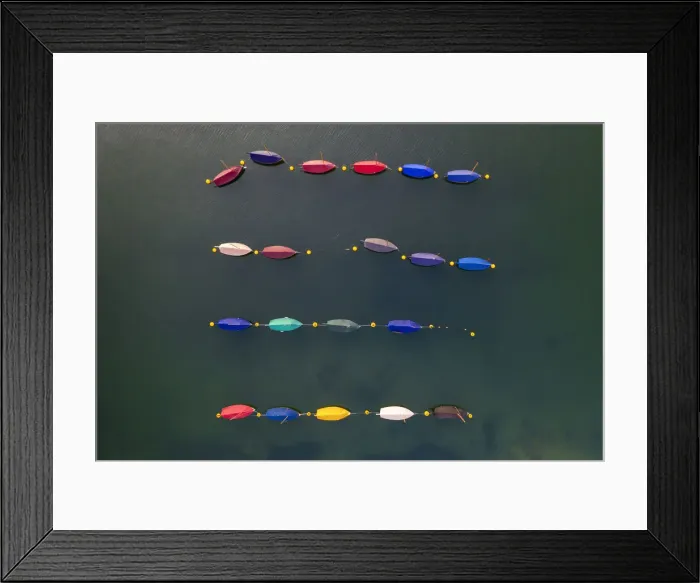 Framed Print : Aerial image of colourful boats moored in a harbour, Cornwall, England