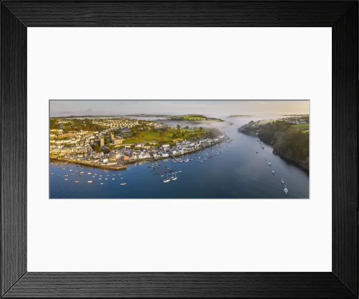 Framed Print : Aerial vista of Fowey and the Fowey Estuary at dawn, Cornwall, England