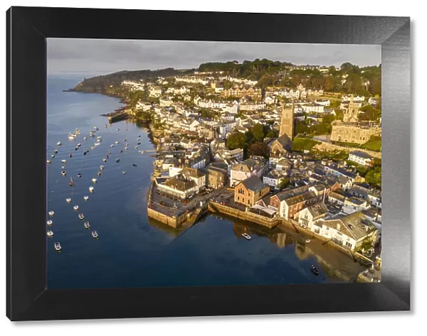 Aerial view of Fowey on a sunny morning, Cornwall, England. Autumn (September) 2020