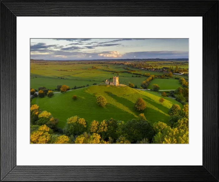 Framed Print : Aerial vista of the ruins of St Michaels Church on Burrow Mump, Burrowbridge, Somerset