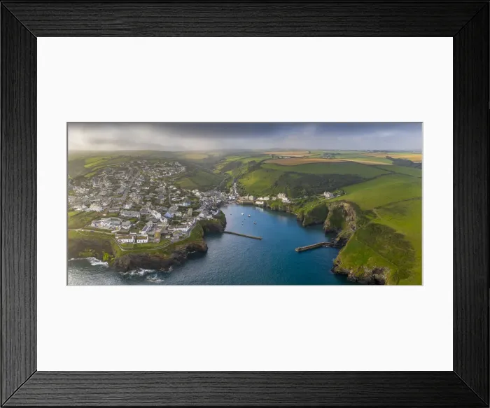 Framed Print : Aerial vista of Port Isaac on the North coast of Cornwall, England. Summer (August) 2020