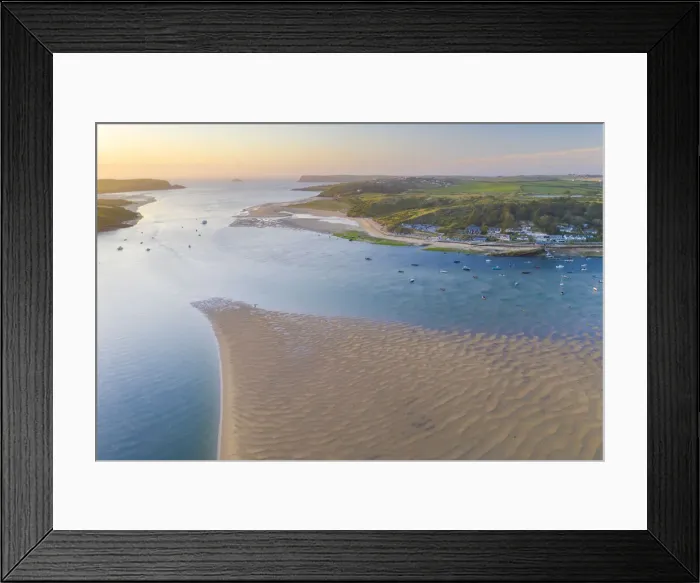 Framed Print : Aerial vista of sunset over the Camel Estuary and Rock, Cornwall. England