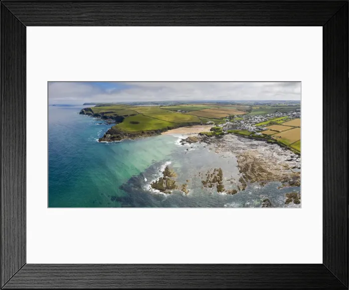 Framed Print : Aerial vista of Trevone Bay and Newtrain Bay, Cornwall, England. Summer (July) 2020