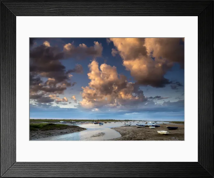 Framed Print : Evening Sky over Brancaster Staithe, Norfolk, England Framed Print : Evening Sky over Brancaster Staithe, Norfolk, England