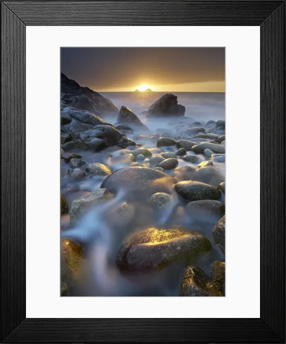 Framed Print : Porth Nanven pebble beach at sunset, St Just, Cornwall, England Framed Print : Porth Nanven pebble beach at sunset, St Just, Cornwall, England