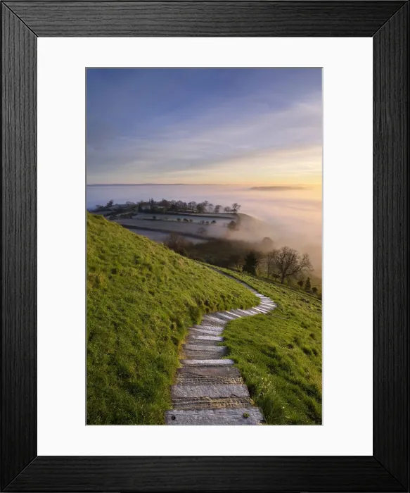 Framed Print : Sunrise over Somerset levels from Glastonbury Tor, Somerset, England Framed Print : Sunrise over Somerset levels from Glastonbury Tor, Somerset, England