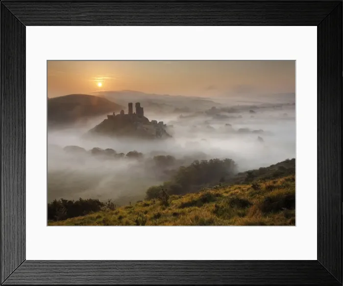 Framed Print : Corfe Castle in the mist, Dorset, England Framed Print : Corfe Castle in the mist, Dorset, England