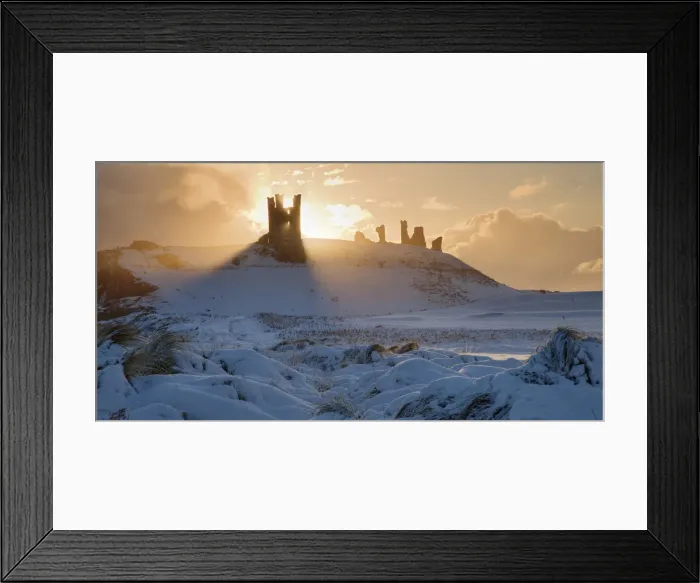 Framed Print : Dunstanburgh Castle at sunrise, Northumberland, England Framed Print : Dunstanburgh Castle at sunrise, Northumberland, England