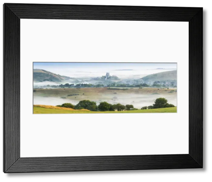 Framed Print : Corfe Castle in the mist, Isle of Purbeck, Dorset, England, UK Framed Print : Corfe Castle in the mist, Isle of Purbeck, Dorset, England, UK