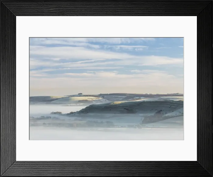 Framed Print : Dawn mist around Hambledon Hill from Bullbarrow Hill, Dorset, England, UK Framed Print : Dawn mist around Hambledon Hill from Bullbarrow Hill, Dorset, England, UK