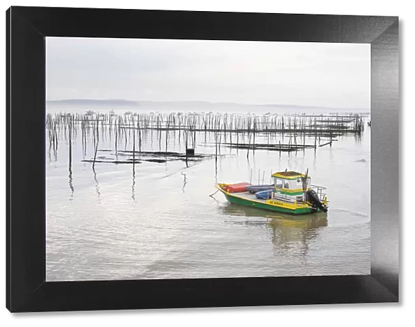 France, Nouvelle-Aquitaine, Gironde, Arcachon Bay, a fishing boat is moored by oyster