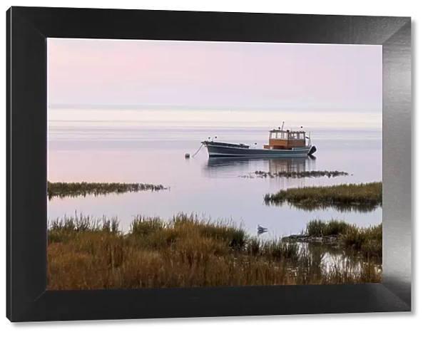 France, Nouvelle-Aquitaine, Gironde, Arcachon, a fishing boat moored on the marshland