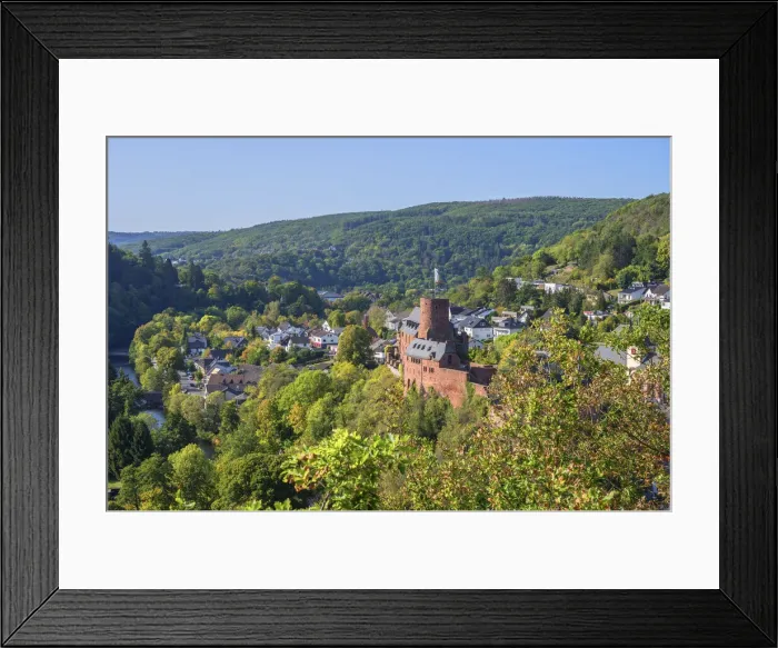 Framed Print : Hengebach castle with Heimbach, Rur valley, Eifel, North Rhine Westphalia, Germany