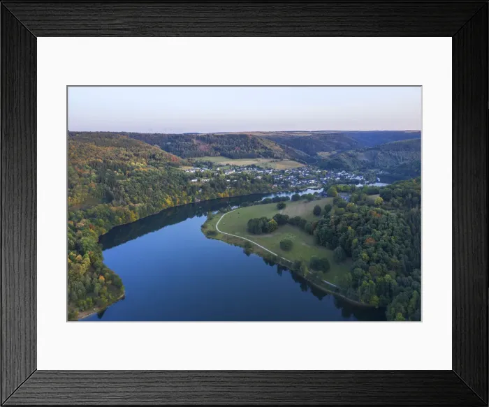 Framed Print : Aerial view at the Obersee part of the Lake Rur in the evening, Eifel National Parc Framed Print : Aerial view at the Obersee part of the Lake Rur in the evening, Eifel National Parc