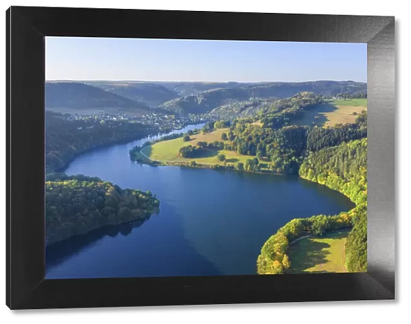 Aerial view at the Obersee part of the Lake Rur in the morning, Eifel National Parc