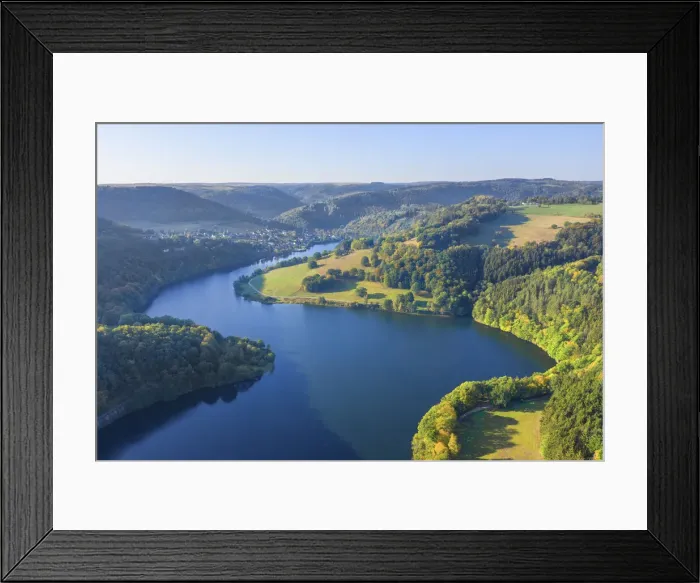 Framed Print : Aerial view at the Obersee part of the Lake Rur in the morning, Eifel National Parc Framed Print : Aerial view at the Obersee part of the Lake Rur in the morning, Eifel National Parc